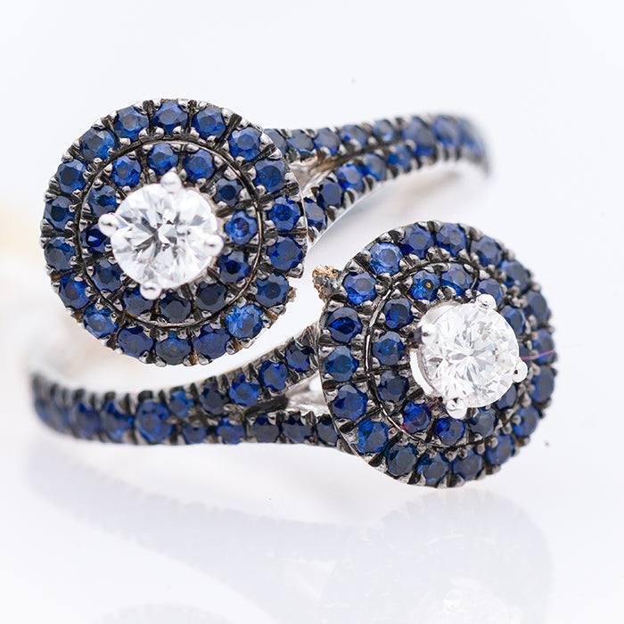 DAVITE E DELUCCHI-ANELLO DONNA ORO BIANCO CON ZAFFIRI E DIAMANTI NATURALI