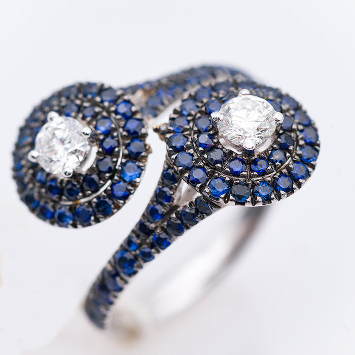 DAVITE E DELUCCHI-ANELLO DONNA ORO BIANCO CON ZAFFIRI E DIAMANTI NATURALI