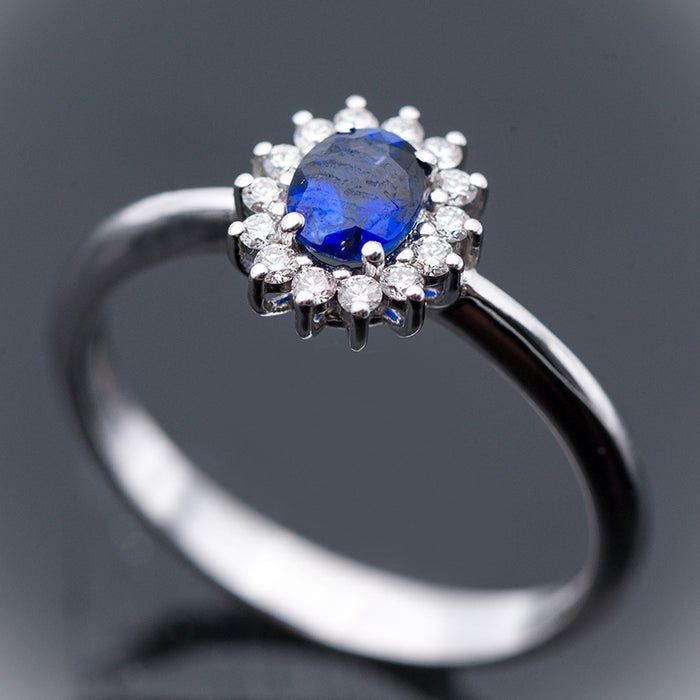 GIORGIO VISCONTI-ANELLO DONNA -ORO BIANCO 18 CARATI-ZAFFIRO-DIAMANTI NATURALI