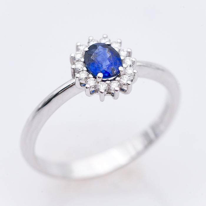 GIORGIO VISCONTI-ANELLO DONNA -ORO BIANCO 18 CARATI-ZAFFIRO-DIAMANTI NATURALI