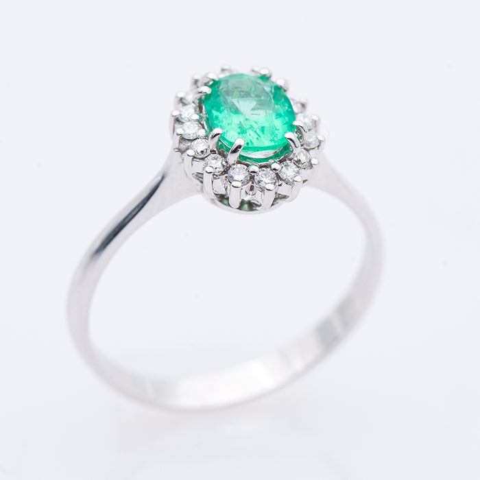 ANELLO DONNA -ORO 18 CARATI-SMERALDO-DIAMANTI NATURALI