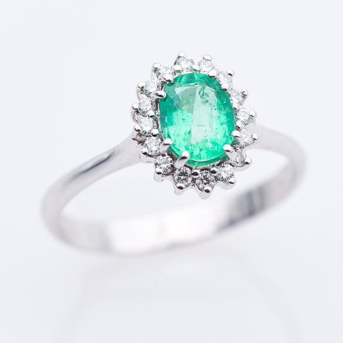 ANELLO DONNA -ORO 18 CARATI-SMERALDO-DIAMANTI NATURALI