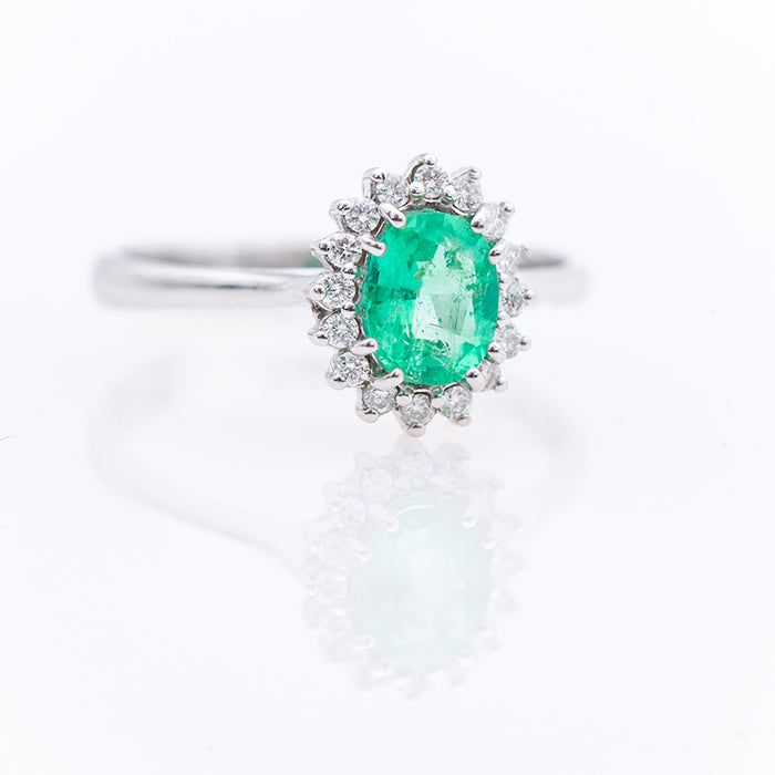 ANELLO DONNA -ORO 18 CARATI-SMERALDO-DIAMANTI NATURALI