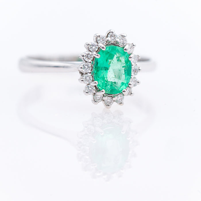 ANELLO DONNA -ORO 18 CARATI-SMERALDO-DIAMANTI NATURALI