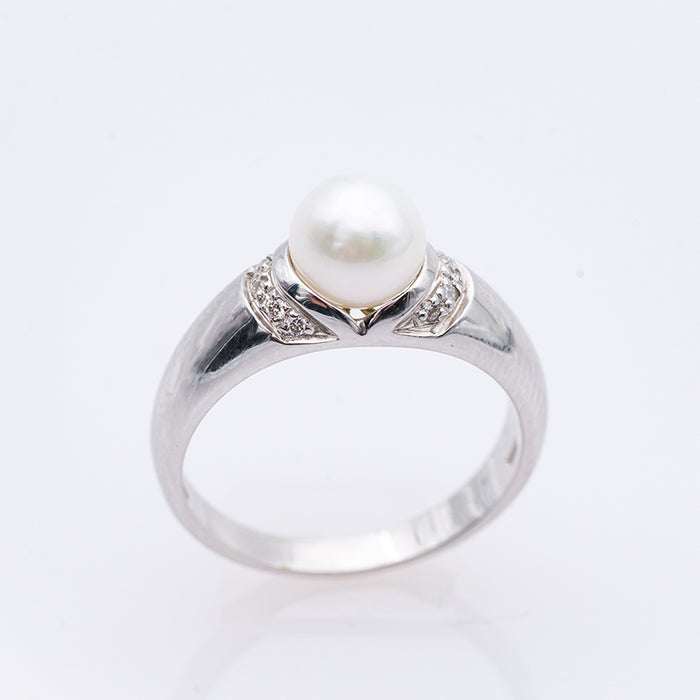 ANELLO DONNA  ORO BIANCO 18 CARATI-PERLA-DIAMANTI NATURALI