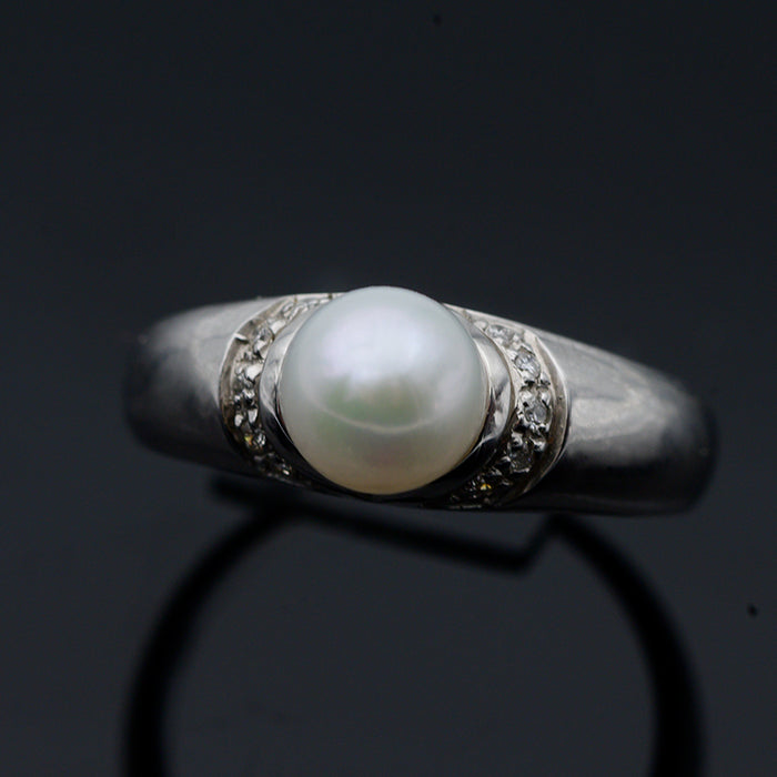 ANELLO DONNA  ORO BIANCO 18 CARATI-PERLA-DIAMANTI NATURALI