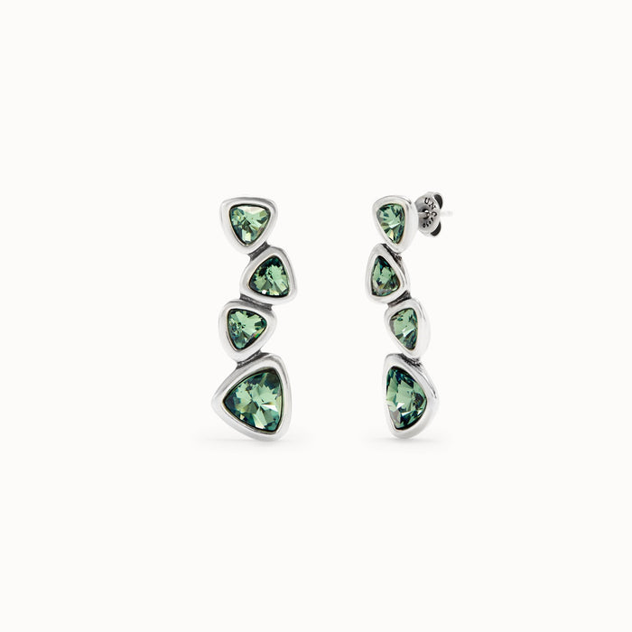 UNO DE 50-Orecchini lunghi placcati argento e 4 cristalli verdi
